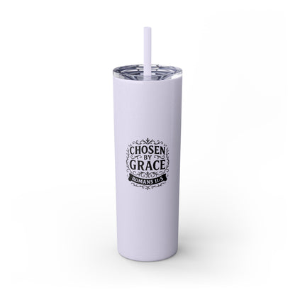Chosen by Grace (Black Lettering) Stylish Skinny Tumbler with Straw, 20oz - Perfect Gift for Believers, Travel Mug, Insulated Drinkware, Inspirational Cup - Cross Apparel USA