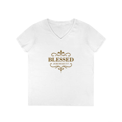 Blessed (Gold Lettering) Ladies V-Neck T-Shirt, Inspirational Gift, Faith-Based Gift - Cross Apparel USA
