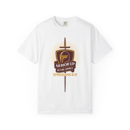 Armor Up (Burgundy & Gold Lettering) Unisex Faith Tee, Relaxed Fit Shirt, Inspirational Apparel, Gift for Believers