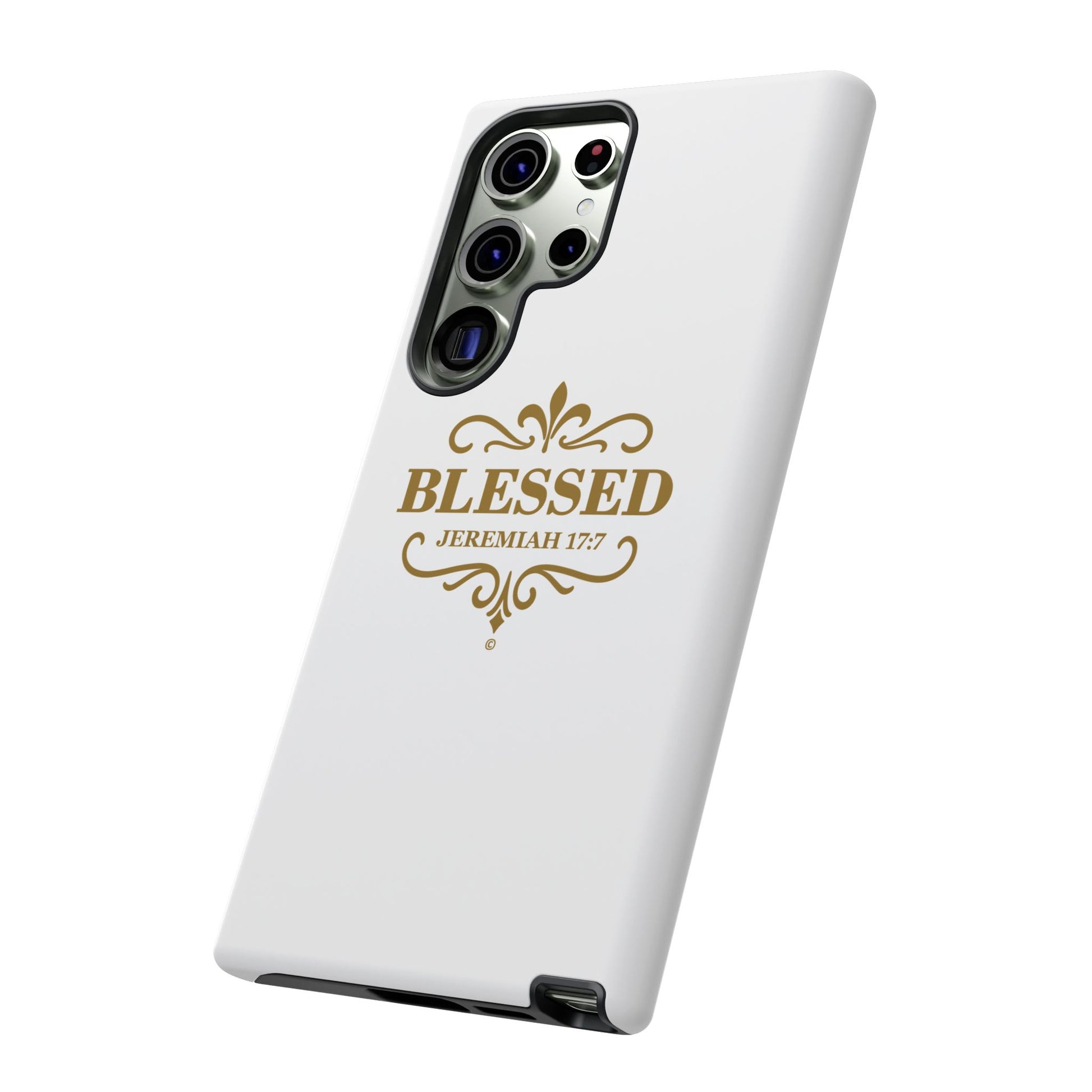 Blessed (Gold Lettering), Rugged Phone Case, Inspirational Mobile Cover, Gift for Faith Lovers, Faith-Based Protector - Cross Apparel USA