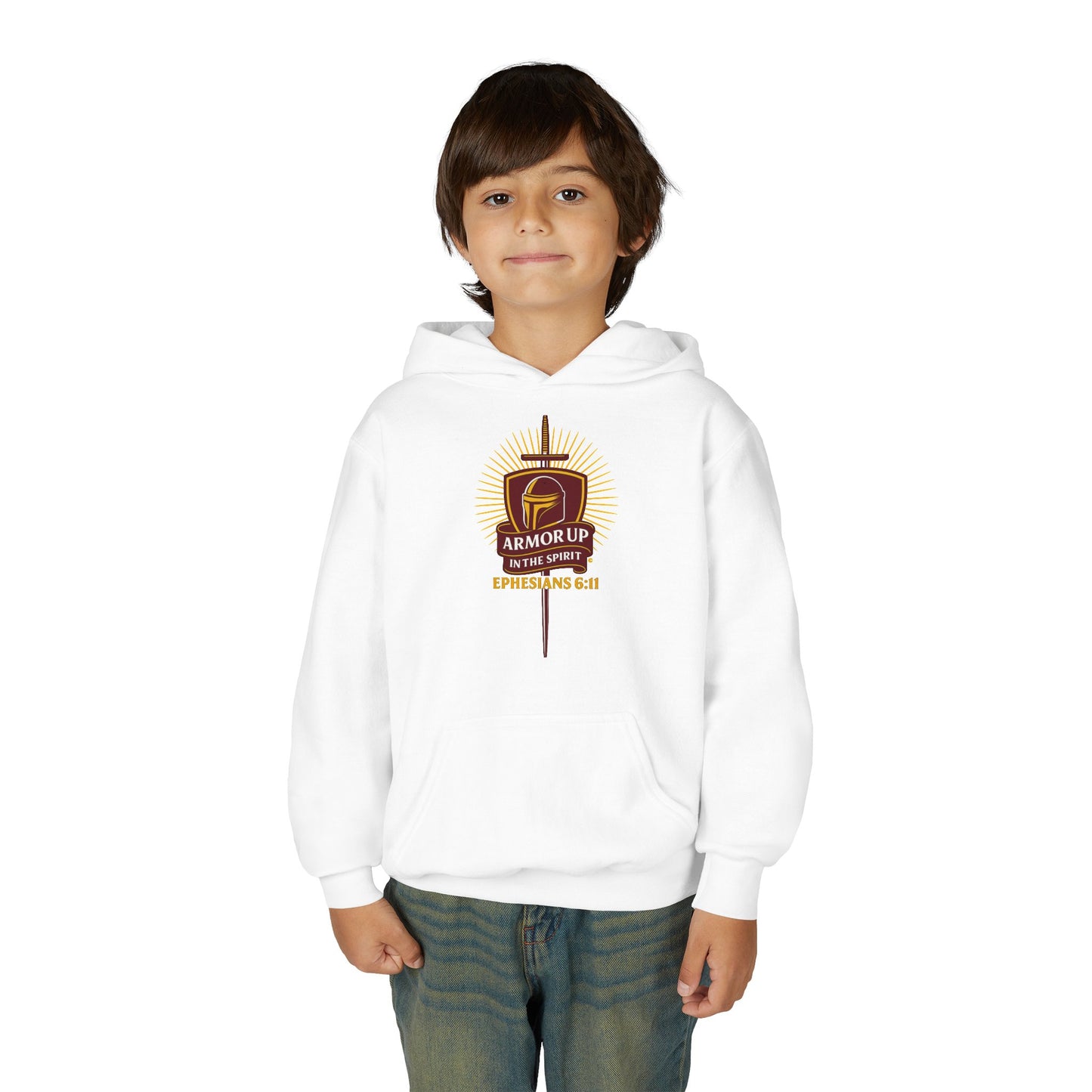 Armor Up (Burgundy & Gold Lettering) Youth Heavy Blend Hooded Sweatshirt
