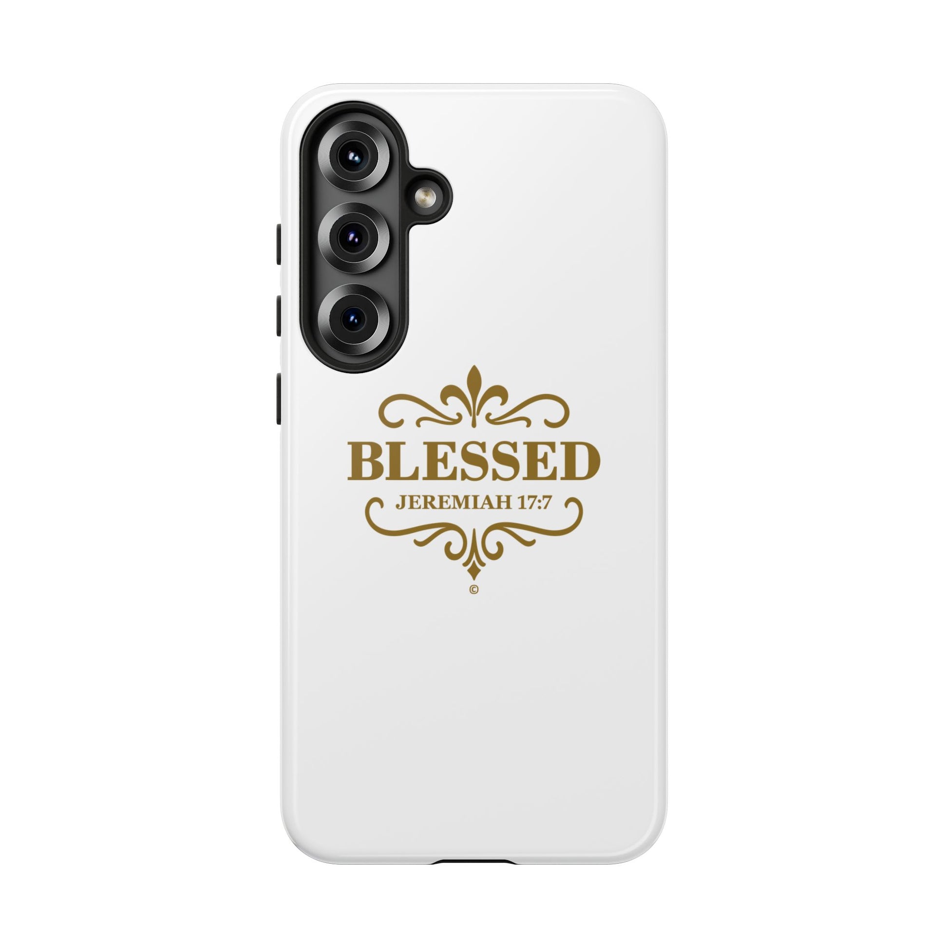 Blessed (Gold Lettering), Rugged Phone Case, Inspirational Mobile Cover, Gift for Faith Lovers, Faith-Based Protector - Cross Apparel USA