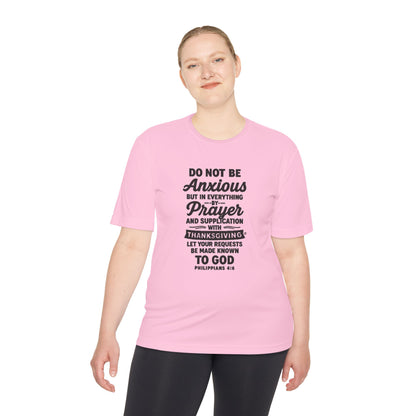 Not Anxious (Black Lettering with full design on the front side) Activewear Performance Moisture Wicking Tee, Faith-Based Workout Shirt, Inspirational Fitness Gear, Gift for Fitness Lovers, Bible Verse T-Shirt - Cross Apparel USA