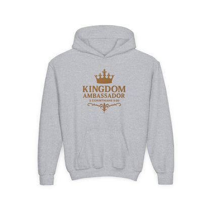 Kingdom Ambassador (Gold Lettering) Youth Hooded Sweatshirt, Inspirational Youth Pullover Sweatshirt, Faith-Based Gift, Biblical Apparel