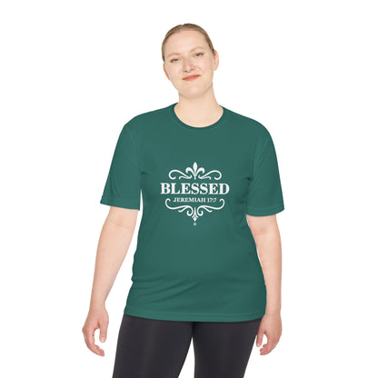 Blessed (White Lettering) Unisex Activewear Performance Moisture Wicking Tee, Faith-Based Workout Shirt, Inspirational Fitness Gear, Gift for Fitness Lovers, Bible Verse T-Shirt - Cross Apparel USA