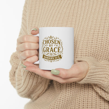 Chosen by Grace (Gold Lettering) Ceramic Mug, Inspirational Gift, Coffee Cup for Faith, Gift of Believers, Devotional Drinkware (11oz, 15oz)