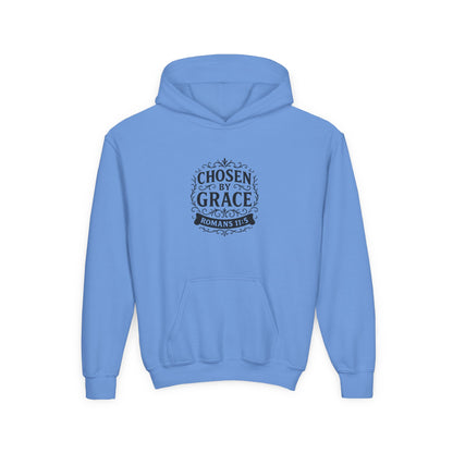 Chosen by Grace (Black Lettering) Youth Heavy Blend Hooded Sweatshirt - Cross Apparel USA