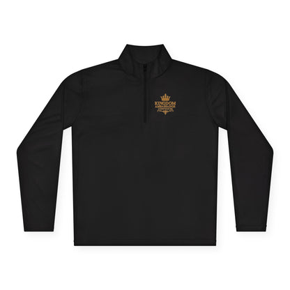 Kingdom Ambassador (Gold Lettering with Small Design on Front and Full Design on the Back Side) Stylish Unisex Quarter-Zip Pullover for Everyday Comfort, Cozy Apparel, Trendy Layering, Casual Wear, Great for Believers