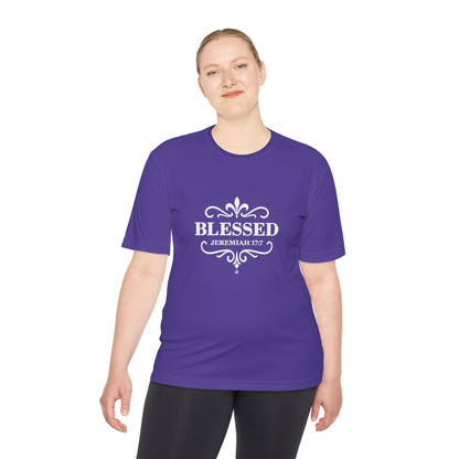 Blessed (White Lettering) Unisex Activewear Performance Moisture Wicking Tee, Faith-Based Workout Shirt, Inspirational Fitness Gear, Gift for Fitness Lovers, Bible Verse T-Shirt - Cross Apparel USA