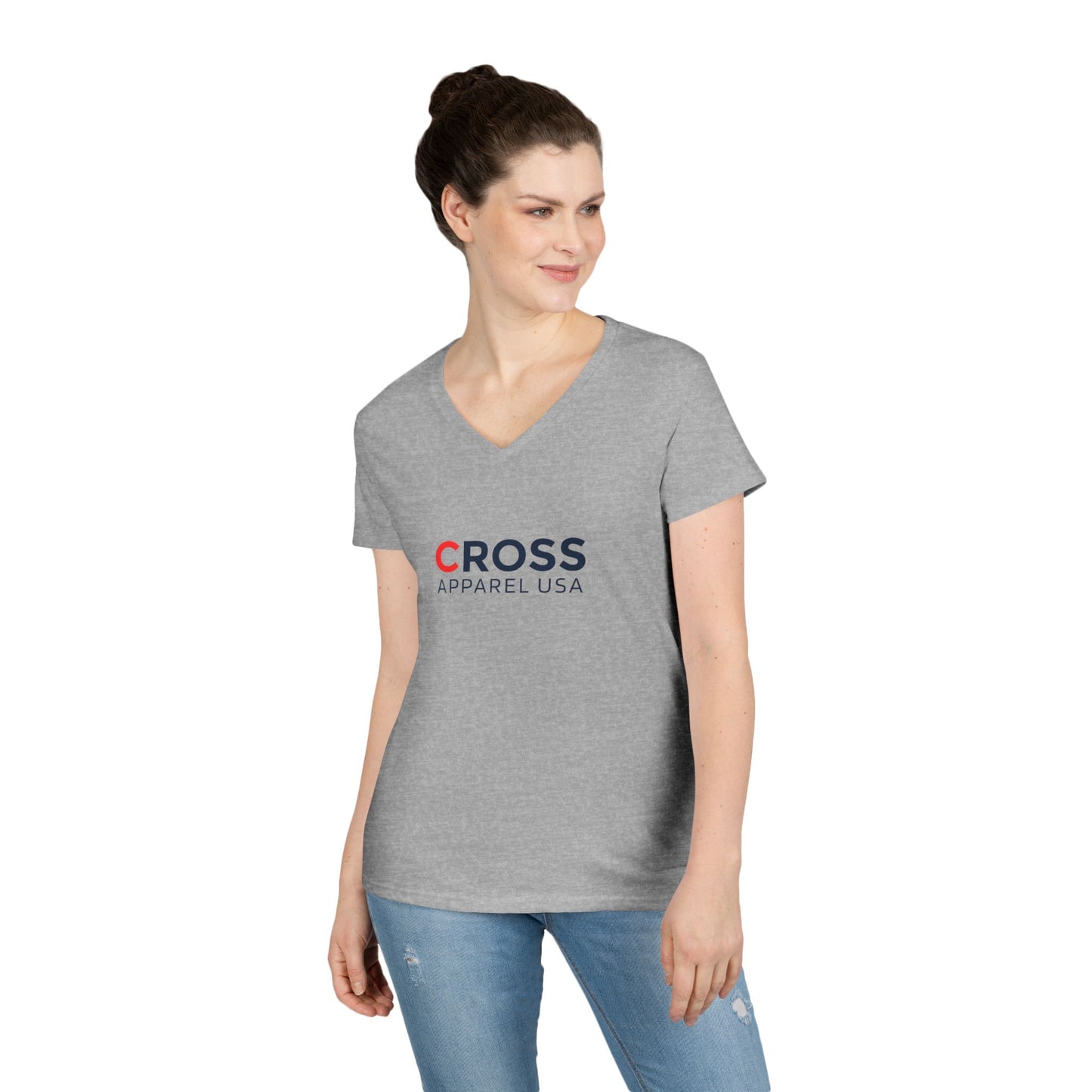 Cross Apparel USA Branded Ladies V-Neck T-Shirt, Inspirational Gift, Faith-Based Gift